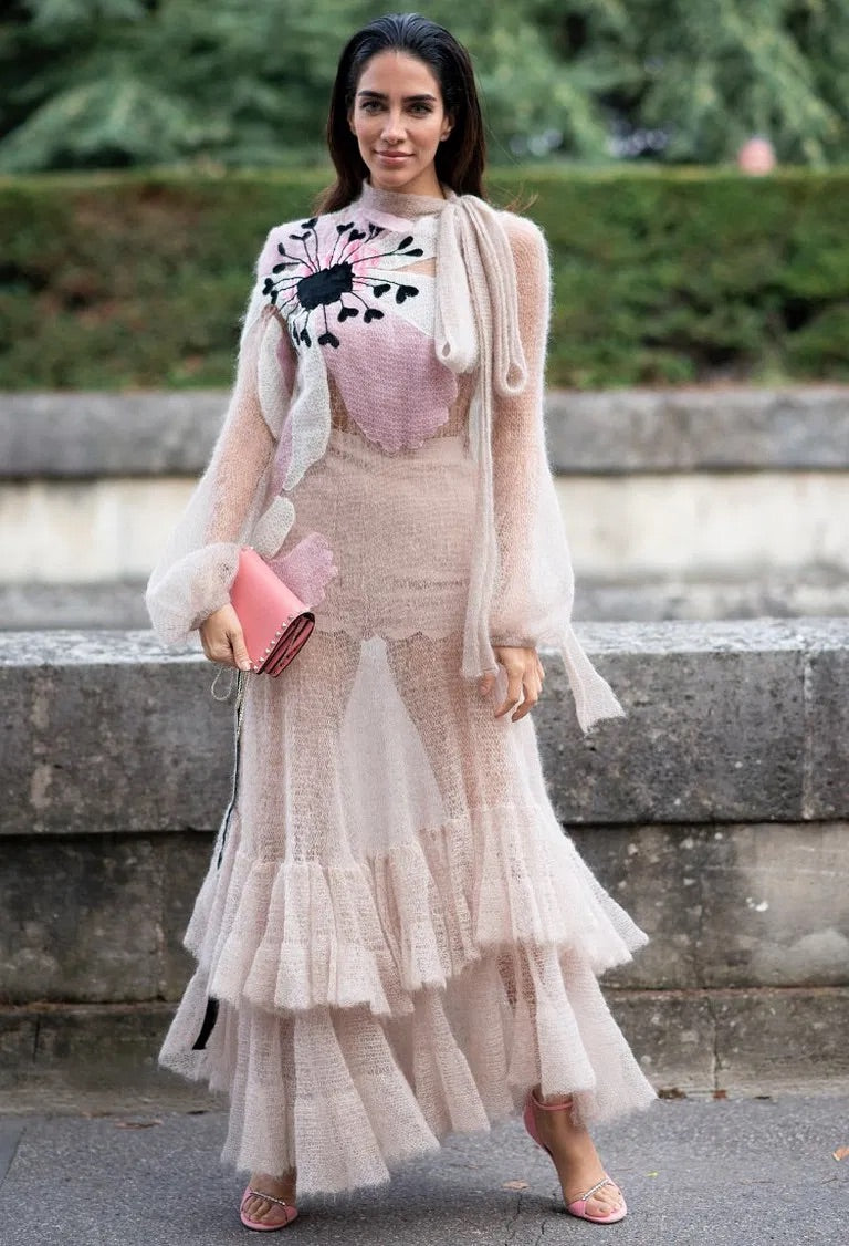 fall 2018 Embellished Mohair-knit Pink Gown