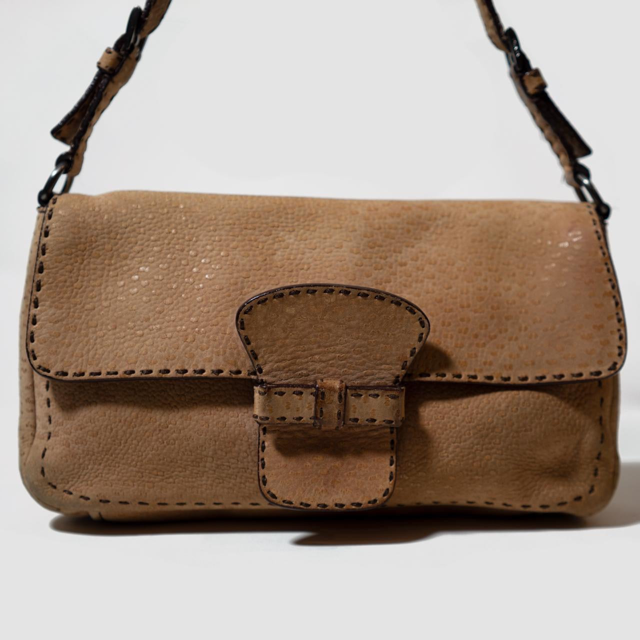 Tan Ostrich Leather Satchel Shoulder Bag